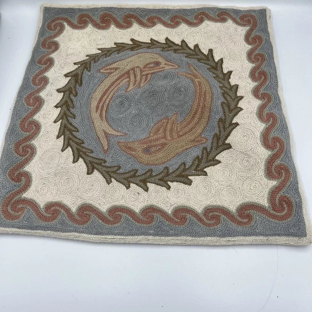 Set Embroidered Wool Pillow Cover Sham Handcrafted Nautical Blue Dolphin Vtg 16
